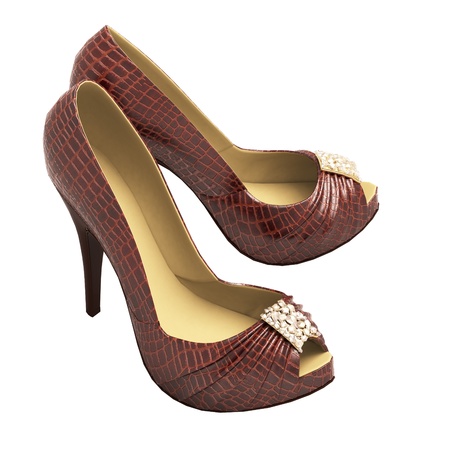 Crocodile leather women's shoes with high heels close up on a light backgroundの写真素材