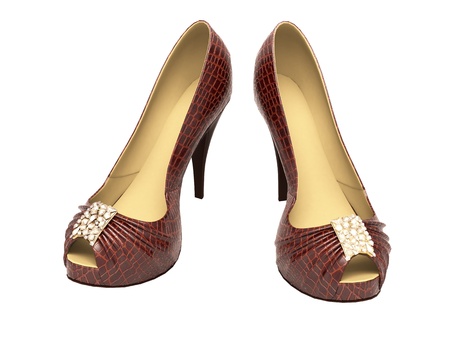 Crocodile leather women's shoes with high heels close up on a light backgroundの写真素材