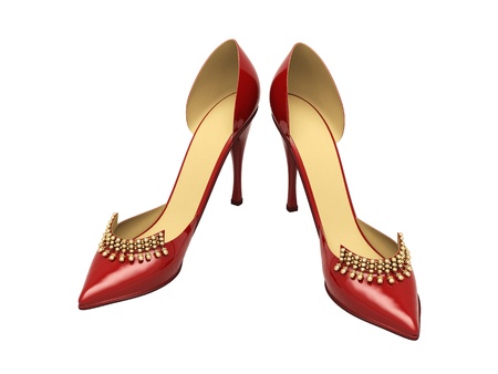 Women's red shoes closeup on a light backgroundの写真素材