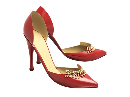 Women's red shoes closeup on a light backgroundの写真素材