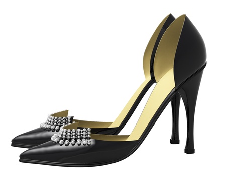 Black patent leather women's high heels closeup on a light backgroundの写真素材