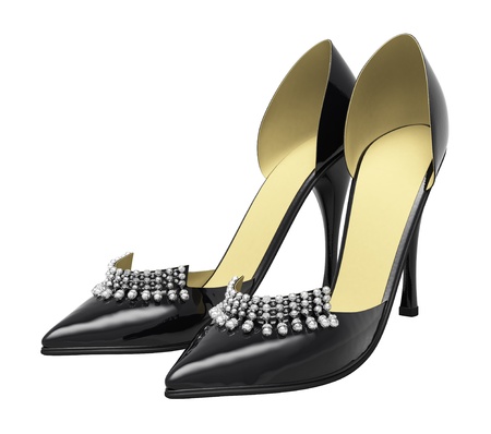 Black patent leather women's high heels closeup on a light backgroundの写真素材