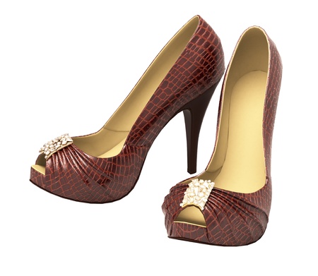 Crocodile leather women's shoes with high heels close up on a light backgroundの写真素材