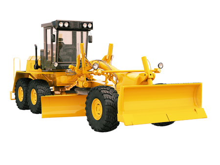 Modern three-axle road grader isolated on a white backgroundの写真素材