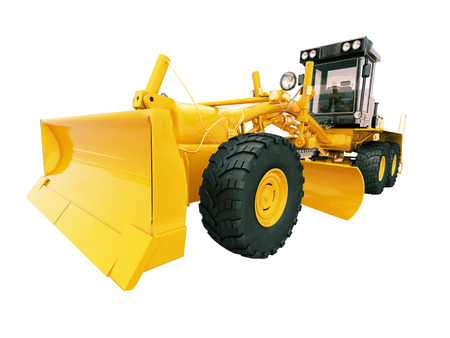 Modern three-axle road grader isolated on a white backgroundの写真素材