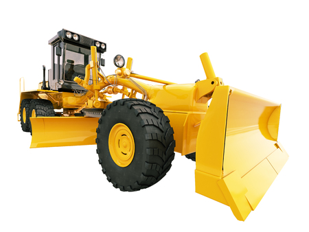 Modern three-axle road grader isolated on a white backgroundの写真素材