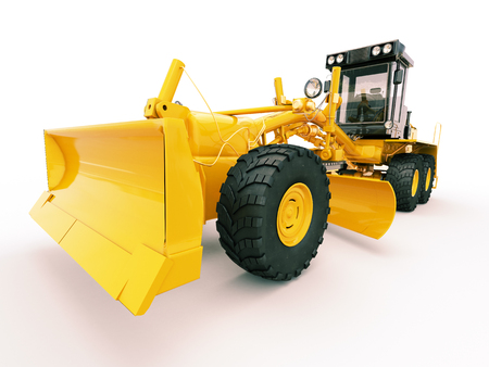 Modern three-axle road grader on a light backgroundの写真素材