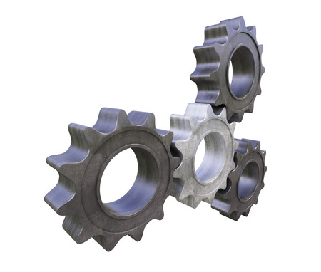 3d gears on white background. Four steel cogwheelsの写真素材