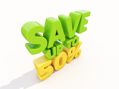 The phrase Save up to 50% on Ð° white backgroundの写真素材