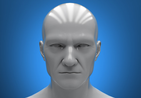 The man's head close-up on a blue backgroundの写真素材