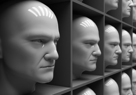 Many of the same people's heads in boxes. Uniformity,  humanity, solitudeの写真素材