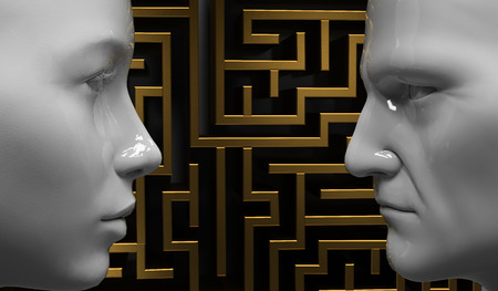 Man and woman face to face on the background of the labyrinthの写真素材