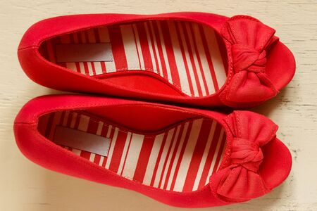 Red Bow Wedges with open toe frontの写真素材