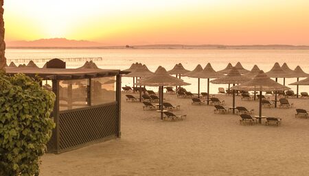 Tropical beach huts with sunloungers at sunriseの写真素材