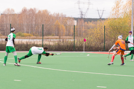Russian youth championship 2015 field hockey. October 5, 2015. Team of Ekaterinburg vs team of Rostov regionのeditorial素材
