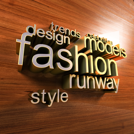 Golden letters forming the fashion words  on a wooden wall. Fashion blog concept word cloud backgroundの写真素材