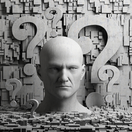 Thinking man statue with question mark on gray background to illustrate learning, education, testing, quizzing, creativity and imaginationの写真素材