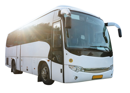 Modern White Passenger Bus on the White Background, City Tourist Bus Transportation Vehicle,  Public Road Urban Travel Passenger Commercial City Bus. Modern and Comfortable Coach,  Traveling by Busの写真素材