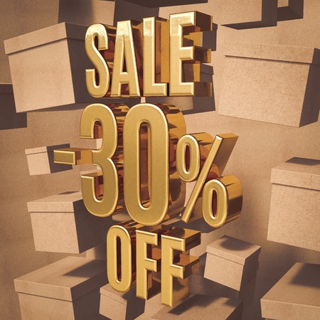 Gold 30 Percent Off Discount 3d Sign with Packaging Boxes Sale Banner Template, Special Offer 30% Off Discount Tag, Golden Sale Sticker, Gold Sale Symbol, Gold Sticker, Banner, Advertising, Sale Badgeの写真素材