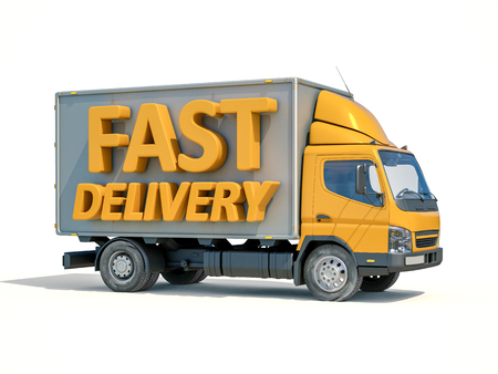 3d render: Yellow Postal Truck and 3d sign Fast Delivery, Home Delivery Icon, Delivery Truck Icon, Transporting Service, Packages Shipment, International Logisticsの写真素材