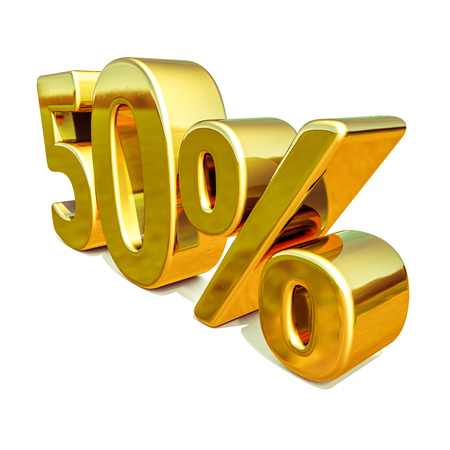 3d render: Gold 50 Percent Off Discount Sign, Sale Banner Template, Special Offer 50% Off Discount Tag, Fifty Percentages Up Sticker, Gold Sale Symbol, Gold Sticker, Banner, Advertising, Gold Sale 50%の写真素材