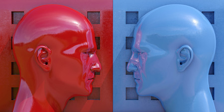 Schematic Image of Confrontation: Two Man Arguing and Threatening, Two Businessman Fighting, Debate Opponents, Conflict Management, Two Opposite Forces Clashing, Confrontation Conceptの写真素材
