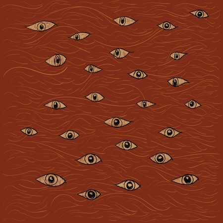 Marine Pattern with Stylized Waves and The Eyes Boats, Sea Wavy, Ocean Art Water Designのイラスト素材