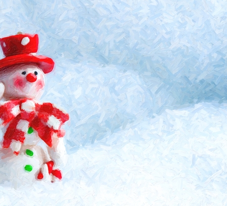 Merry Christmas! Christmas Greeting Card Template with Festive Snowman with a Red Hat, Snowman Waving Hand on White Snow Background, Christmas and New Year Greeting Cards, Christmas Gift Tagの写真素材