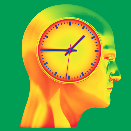 Time Concept 3D Illustration: Human Head  and Time, Business Punctuality, Appointment Stress, Deadline Pressure, Overtime, Time is Running Up, Timing, Punctual Schedule, Management, Countdown Conceptの写真素材
