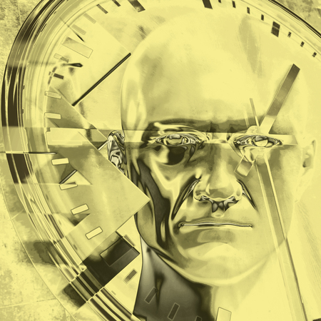 Time Concept 3D Illustration: Human Head  and Time, Business Punctuality, Appointment Stress, Deadline Pressure, Overtime, Time is Running Up, Timing, Punctual Schedule, Management, Countdown Conceptの写真素材