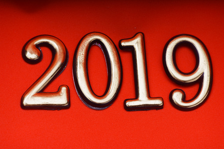 Happy New Year 2019, Golden 3D Numbers, New 2019 Year 3d Text on Red Background, Greeting Card Design Templateの写真素材