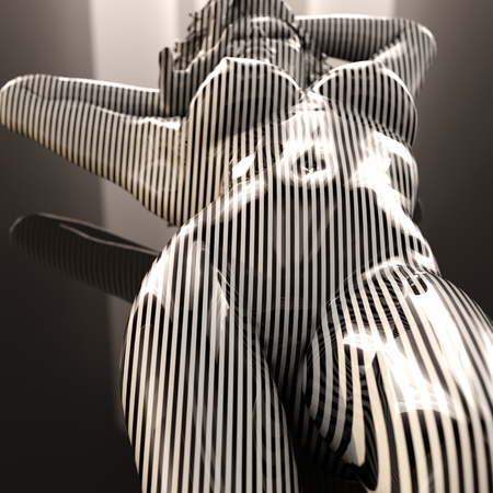 3d Geometric Stripped Pattern Illustration Art, Line Distortion Illusion Design, Abstract Woman Body Figure, Zebra Mannequin, Stripped Dummyの写真素材