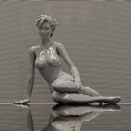 3d Geometric Stripped Pattern Illustration Art, Line Distortion Illusion Design, Abstract Woman Body Figure, Zebra Mannequin, Stripped Dummyの写真素材