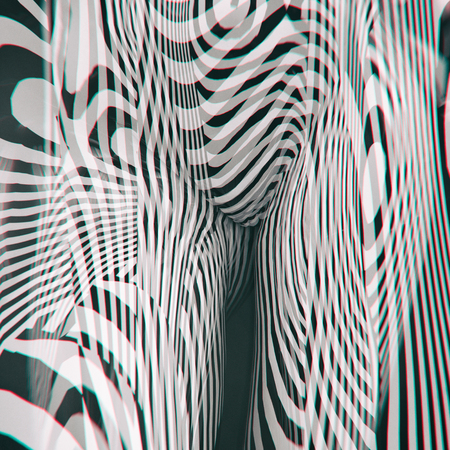 3d Geometric Stripped Pattern Illustration Art, Line Distortion Illusion Design, Abstract Woman Body Figure, Zebra Mannequin, Stripped Dummyの写真素材