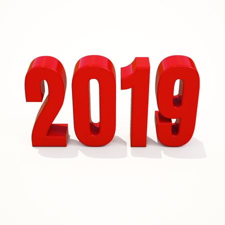 Red 2019 on White Background, New Year 2019, 3D Illustration, Happy New Year 2019, Red 3D Numbers, New Year 2019 3D Rendering, Numeral 2019, New Year 2019 Creative Design Concept 3D Rendered Imageの写真素材