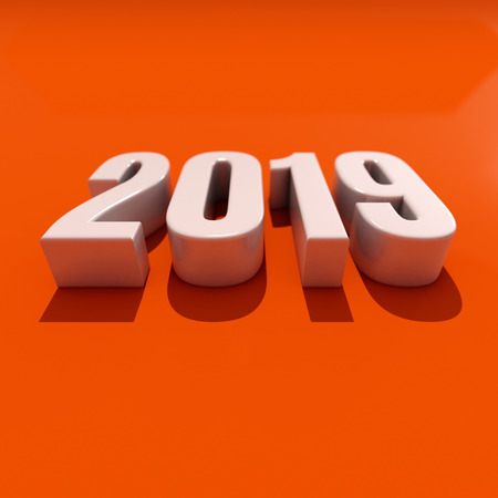 Red 2019 on White Background, New Year 2019, 3D Illustration, Happy New Year 2019, Red 3D Numbers, New Year 2019 3D Rendering, Numeral 2019, New Year 2019 Creative Design Concept 3D Rendered Imageの写真素材