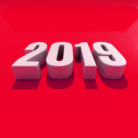 Red 2019 on White Background, New Year 2019, 3D Illustration, Happy New Year 2019, Red 3D Numbers, New Year 2019 3D Rendering, Numeral 2019, New Year 2019 Creative Design Concept 3D Rendered Imageの写真素材