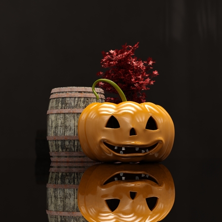 Laughing Halloween Orange Pumpkin On Black Background, Design Element For Poster And Backgrounds, Happy Halloween Decorative Pumpkin Detail Up Close For Halloween, Happy Halloweenの写真素材