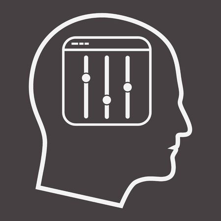 Outline Settings Equalizer Icon in Man Profile Frame, Frequency Slider Silhouette Symbol, Preferences Switcher, Music Studio Mixer Console, Sound Level Control, Vector Isolated Illustrationのイラスト素材
