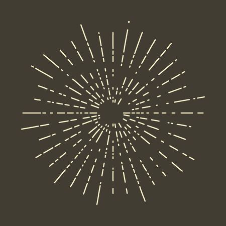 Old School Vintage Style Label Banner with Linear Drawing Light Bursting Rays, Sunburst and Rays of Sun, Source of Light, Star or Fireworks Sign, Wanderlust Hipster Vector Illustrationのイラスト素材