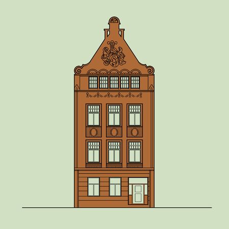 Europe Amsterdam Style Historic Tenement House in the Old Town, Cute Dutch Architecture Building and Facade, Danish, English or German Downtown Classic Street Detail and Cozy Homeのイラスト素材