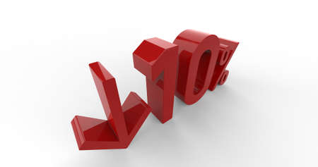3d Render: Down Recession Arrow and 10 Percent Sign, Economic Crisis, Financial Crash, Red 10% Percent Discount 3d Sign on White Background, Special Offer 10% Discount Tag, Sale Up to 10 Percent Off, Fifteen Percent Letters Sale Symbolの写真素材
