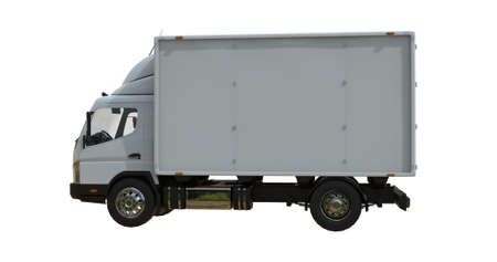 White commercial delivery truck on a white background isolated, template element infographic, postal truck, express, fast delivery, white delivery truck icon, transporting serviceの写真素材