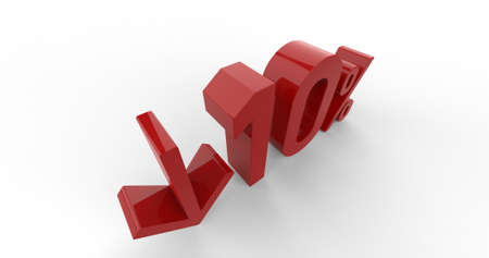 3d Render: Down Recession Arrow and 10 Percent Sign, Economic Crisis, Financial Crash, Red 10% Percent Discount 3d Sign on White Background, Special Offer 10% Discount Tag, Sale Up to 10 Percent Off, Fifteen Percent Letters Sale Symbolの写真素材