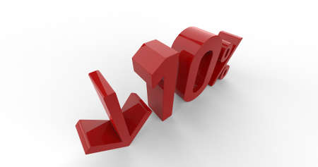 3d Render: Down Recession Arrow and 10 Percent Sign, Economic Crisis, Financial Crash, Red 10% Percent Discount 3d Sign on White Background, Special Offer 10% Discount Tag, Sale Up to 10 Percent Off, Fifteen Percent Letters Sale Symbolの写真素材
