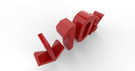 3d Render: Down Recession Arrow and 10 Percent Sign, Economic Crisis, Financial Crash, Red 10% Percent Discount 3d Sign on White Background, Special Offer 10% Discount Tag, Sale Up to 10 Percent Off, Fifteen Percent Letters Sale Symbolの写真素材