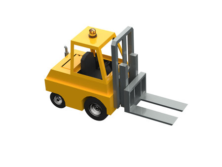 3d Illustration Lowpoly Icon Forklift Truck Heavy Loader Cartoon Style Simple Isolated, Hydraulic Machinery Heavy Duty Equipment for Warehouse Storage Delivery Packaging Infographicsの写真素材