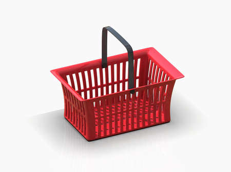 Empty Red Plastic Shopping Basket Isolated on White Background, Grocery Supermarket and Store Container, Hypermarket Product Carry Object, Realistic 3d Ilustrationの写真素材