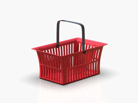 Empty Red Plastic Shopping Basket Isolated on White Background, Grocery Supermarket and Store Container, Hypermarket Product Carry Object, Realistic 3d Ilustrationの写真素材