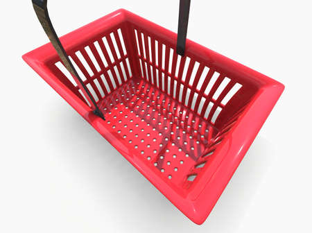 Empty Red Plastic Shopping Basket Isolated on White Background, Grocery Supermarket and Store Container, Hypermarket Product Carry Object, Realistic 3d Ilustrationの写真素材